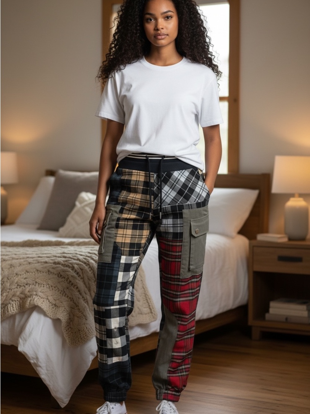 AKIRA Womans Patchwork Plaid Cargo Jogger Pants - Multi